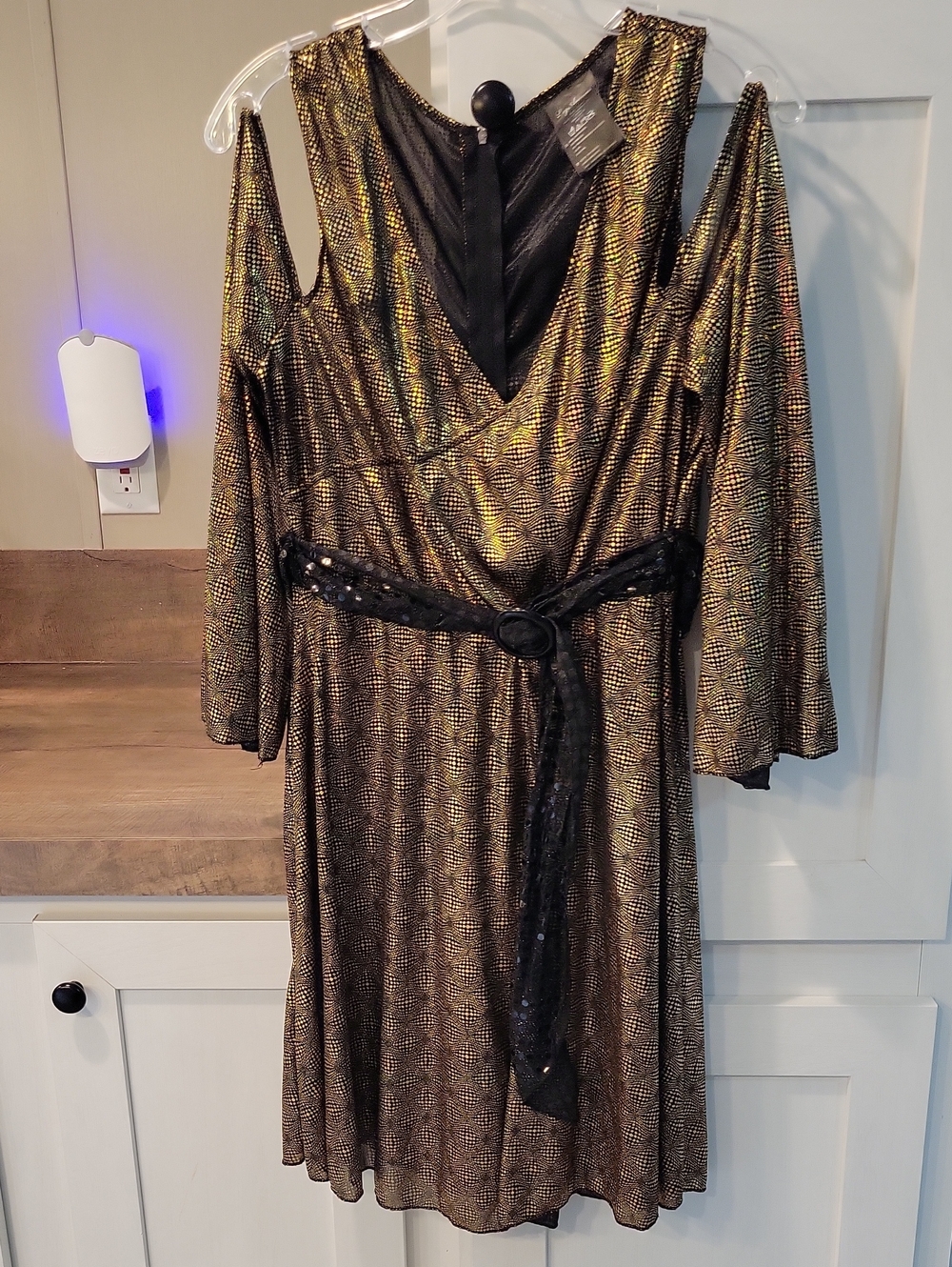 Leg Avenue Metallic Gold and Black Cold-Shoulder Dress with Belt